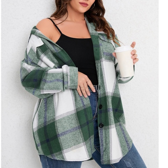 Plus Plaid Print Button Down jacket Shacket - Picture 3 of 10